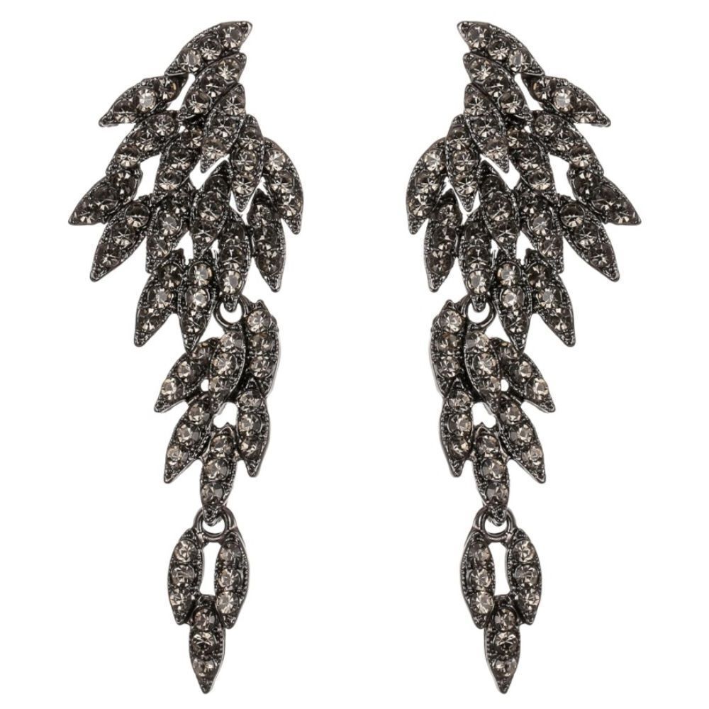 Gun Metal Black with Charcoal Gray Crystal Angel Wing Statement Post Earrings